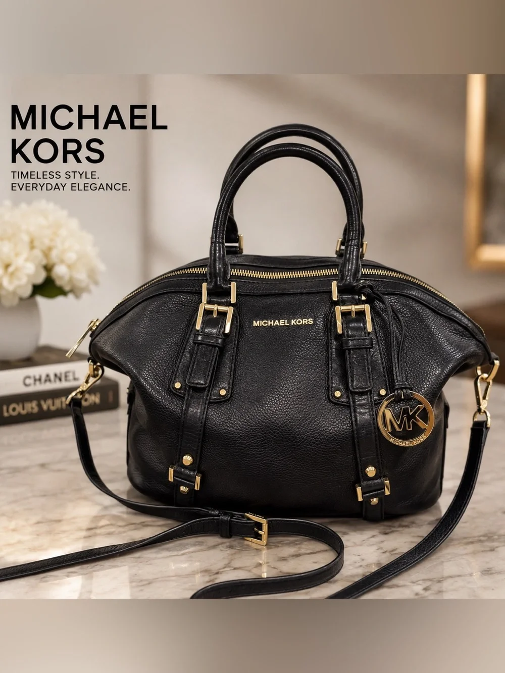 Michael Kors Black Leather Bedford Satchel Shoulder Bag Gold Hardware